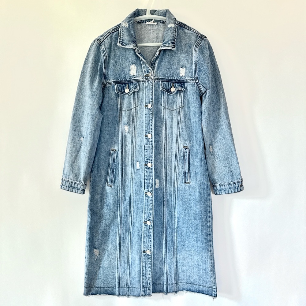 Long Light Distressed Denim Jacket